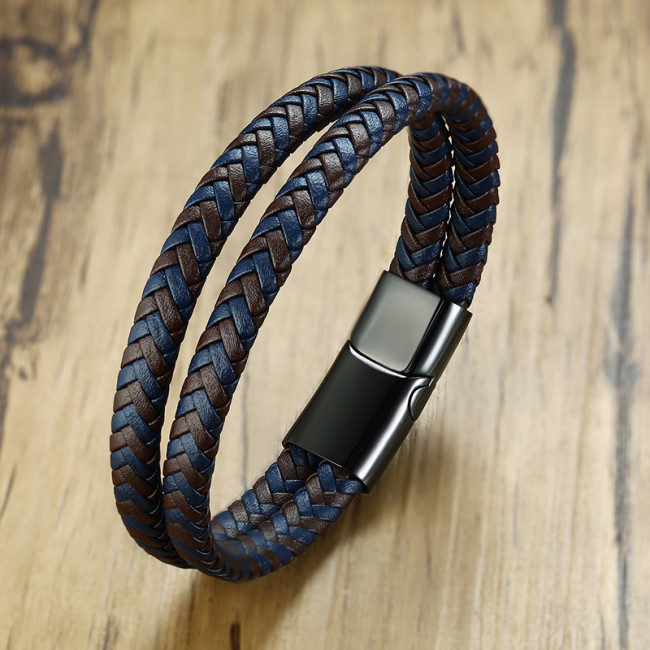 Wholesale Stainless Steel Magnetic Buckle Leather Woven Bracelet