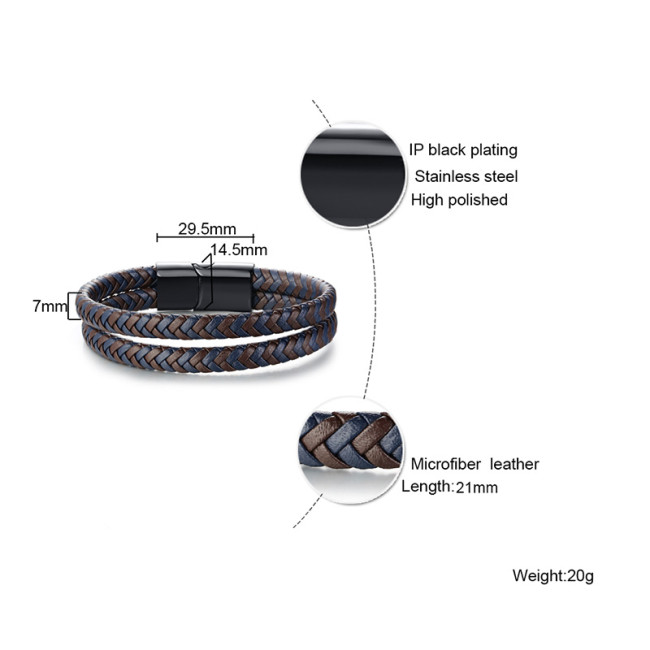 Wholesale Stainless Steel Magnetic Buckle Leather Woven Bracelet