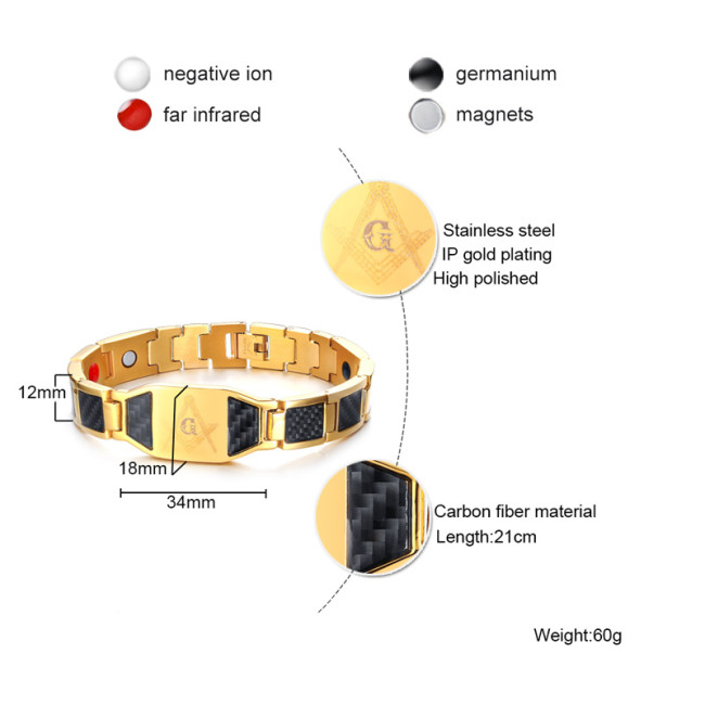 Wholesale Masonic Magnetic Bracelet - Stainless Steel Black, Gold or Silver