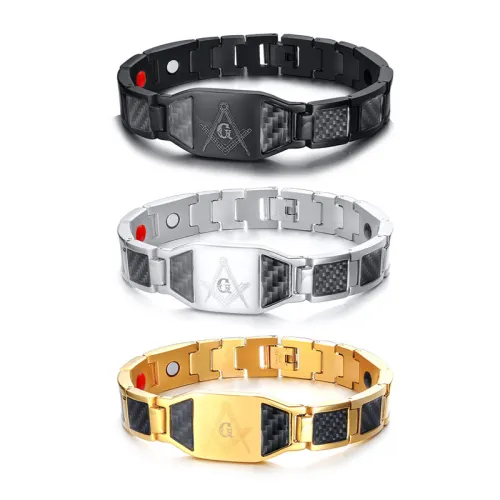 Wholesale Masonic Magnetic Bracelet - Stainless Steel Black, Gold or Silver