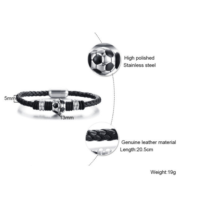 Wholesale Stainless Steel Football Magnetic Buckle Weaving Leather Bracelet