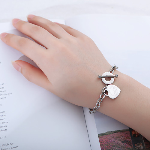 Wholesale Stainless Steel Trendy Cable Chain Bible Bracelet with Heart Charm and Toggle Clasp Closure