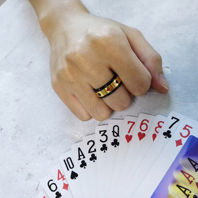 Wholesale 8mm Spinner Stainless Steel Ring Black Color Lucky Playing Card Poker Mens Accessories