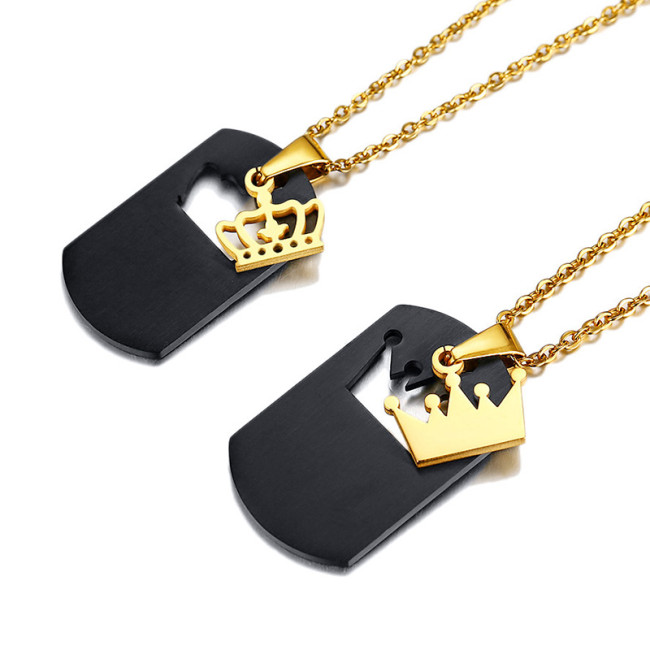 His Queen & Her King Couple Pendant Necklace Stainless Steel Crown Crystal Matching Set Wholesale