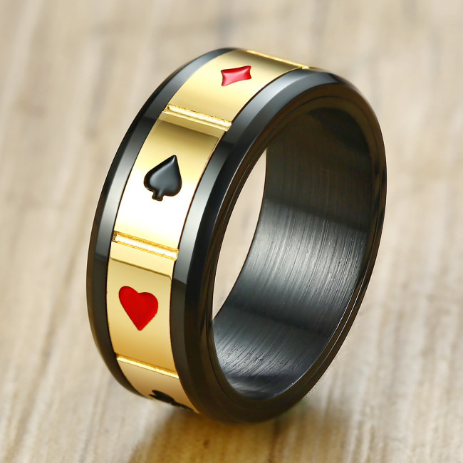 Wholesale 8mm Spinner Stainless Steel Ring Black Color Lucky Playing Card Poker Mens Accessories