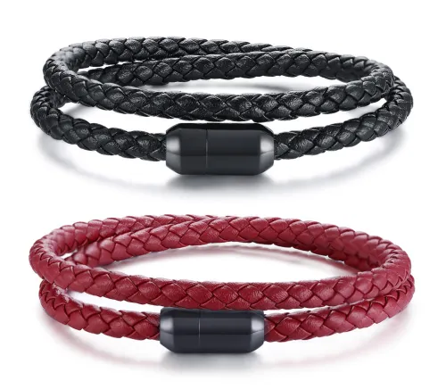Wholesale Stainless Steel Magnetic Buckle Handmade Braided Black Leather Bracelet
