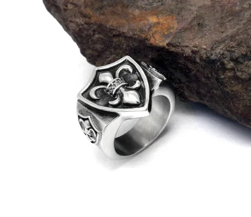 Wholesale Stainless Steel Royal Fleur De Lis Shield Wide Cast Ring