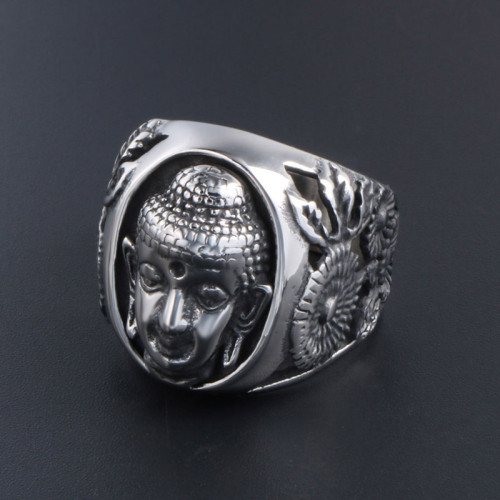 Wholesale Men's Cool Biker Ring Stainless Steel Buddhist Buddha Lucky Ring Biker Gothic