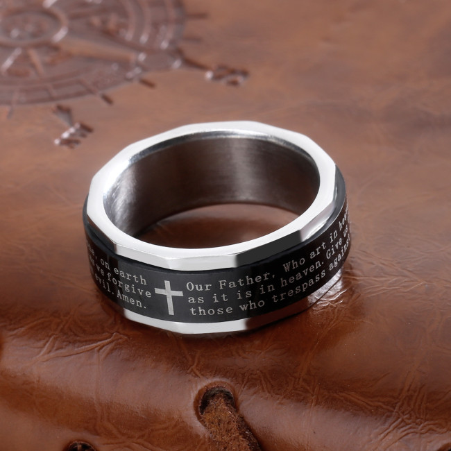 Trendy Stainless Steel Black Bible Lord Prayer Cross Ring Wholesale