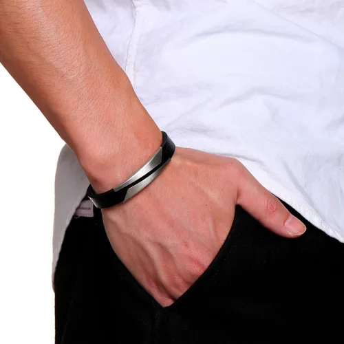 Wholesale Mens Stainless Steel Fashionable Leather Bracelet