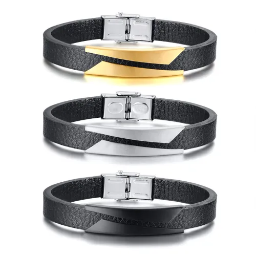 Wholesale Mens Stainless Steel Fashionable Leather Bracelet