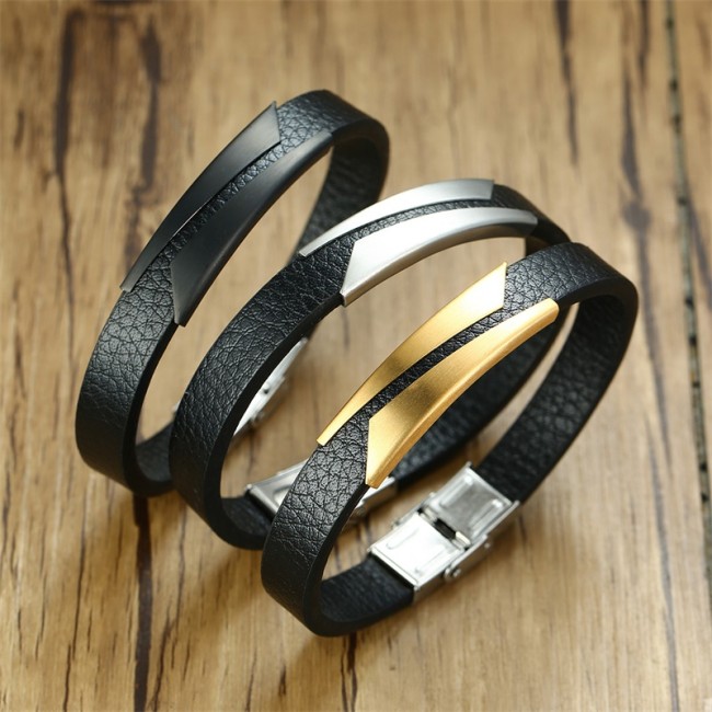 Wholesale Mens Stainless Steel Fashionable Leather Bracelet