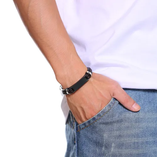 Wholesale Stainless Steel Mens Leather ID Bracelets Engraved
