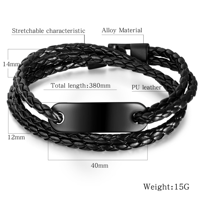 Wholesale Double-Deck Leather Bracelet with Black Steel ID