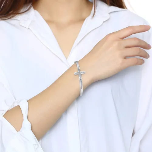 Wholesale Stainless Steel Sideways Cross Bracelet with CZ Stone