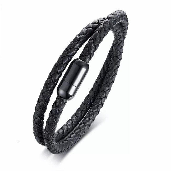 Wholesale Stainless Steel Magnetic Buckle Handmade Braided Black Leather Bracelet