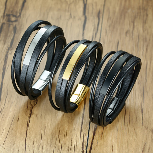 Wholesale Men's Personalized Multilayer Leather ID Bracelet