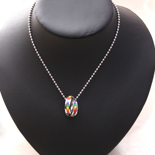 Wholesale Stainless Steel Rainbow Stripes Ring Necklace