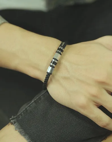 Wholesale Men's Stainless Steel and Leather Bead Bracelet