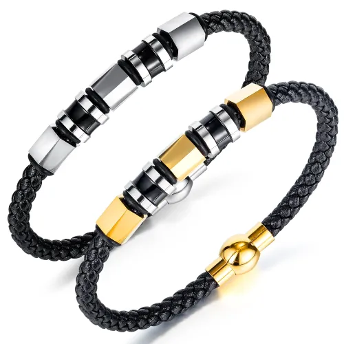 Wholesale Men's Stainless Steel and Leather Bead Bracelet