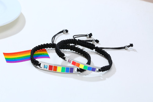 Wholesale Stainless Steel Braided Rainbow Pride Flag Bar Couple Bracelets