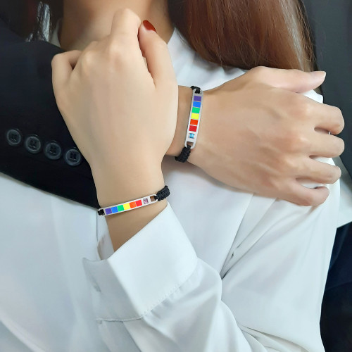 Wholesale Stainless Steel Braided Rainbow Pride Flag Bar Couple Bracelets