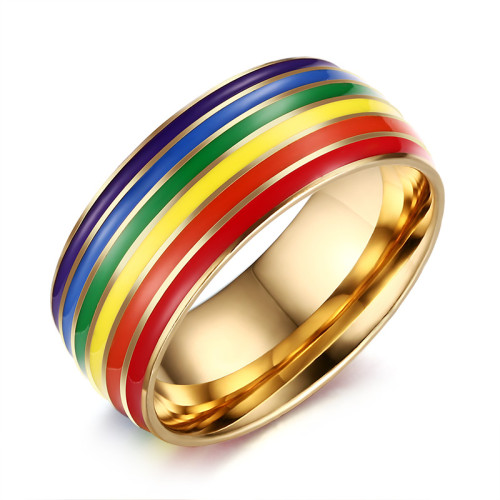 Wholesale Stainless Steel 8mm Enamel Rainbow LGBT Pride Ring