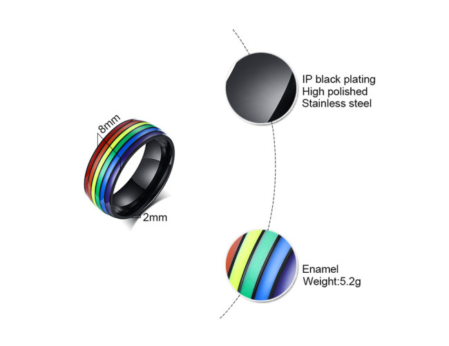 Wholesale Stainless Steel 8mm Enamel Rainbow LGBT Pride Ring