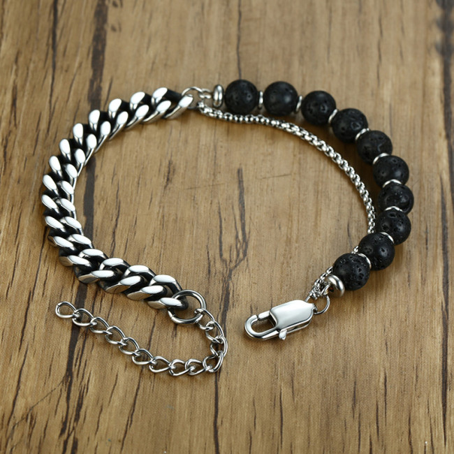 Wholeale Stainless Curb Chain and Lava Rock Beads Bracelet