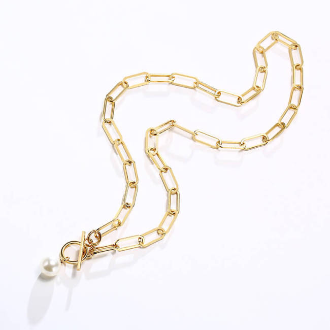 Wholesale Stainless Steel Pearl Paper Clip T-Bar Necklace