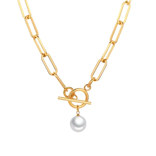 Wholesale Stainless Steel Pearl Paper Clip T-Bar Necklace