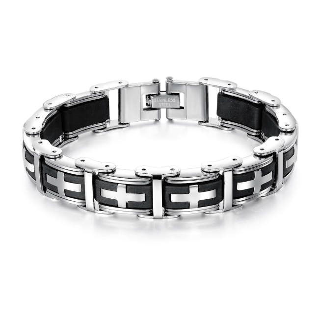 Wholesale Stainless Mens Steel & Silicone Cross Bracelet