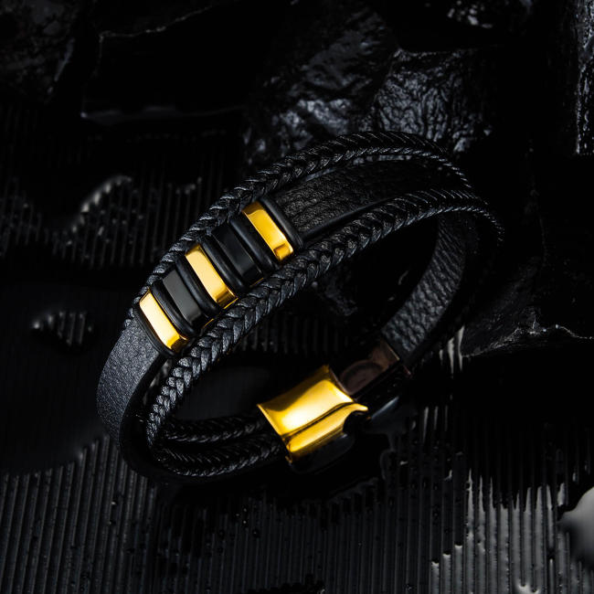 Wholesale Fashion Design Gold Men Leather Bracelet