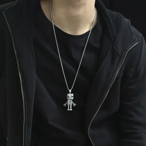 Wholesale Stainless Robot Necklace with Black CZ Eyes