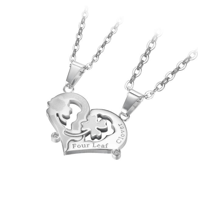 Wholesale Stainless Four Leaf Clover Heart Puzzle Necklace Set