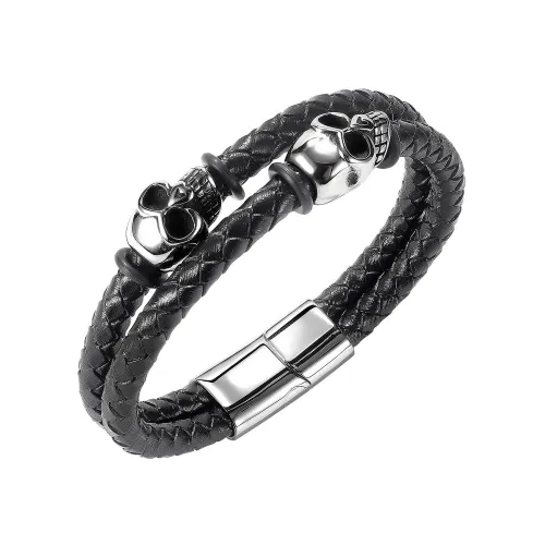 Wholesale Stainless Skull Braided Leather Bracelet
