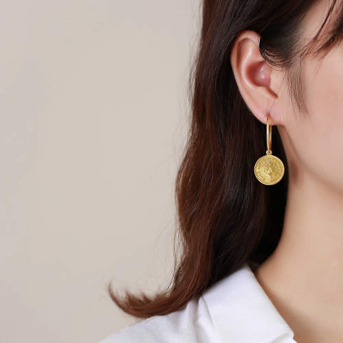Wholesale Stainless Steel Gold Elizabeth Coin Hoop Earrings