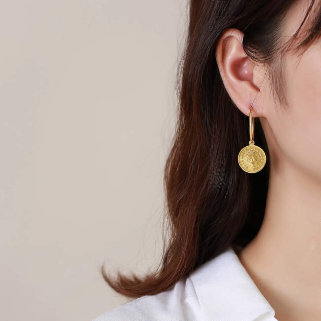Wholesale Stainless Steel Gold Elizabeth Coin Hoop Earrings