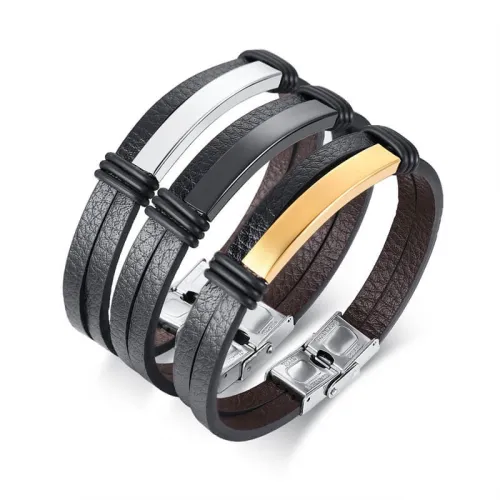 Wholesale Custom Double Layer Black Leather Bracelets