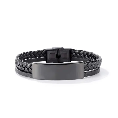 Wholesale Men Black Leather Bracelet Engraved