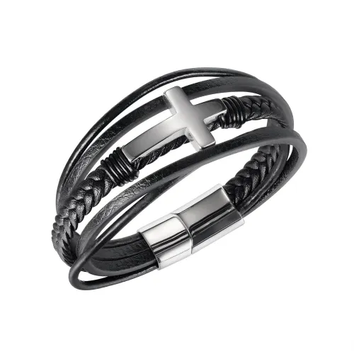 Wholesale Mens Cross Multi-layer Leather Bracelet