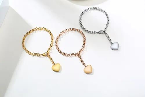 Wholesale Stainless Steel Round Link Chain  Bracelet with Heart Tag