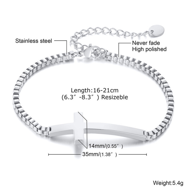 Wholesale Stainless Steel Box Chain Sideways Cross Bracelet