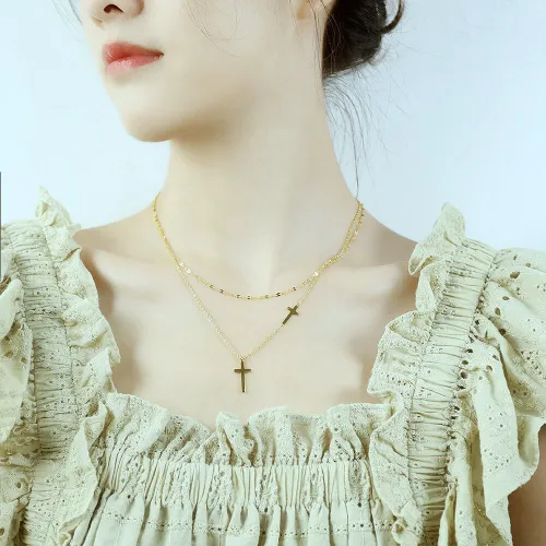 Wholesale Stainless Steel Double Cross Layered Necklace
