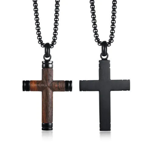 Wholesale Stainless Steel Wood Inlay Cross Pendant
