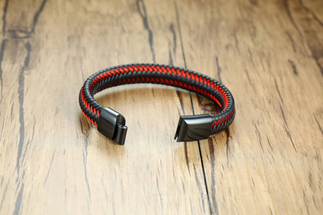 Wholesale Mens Red & Black Braided Leather Bracelet