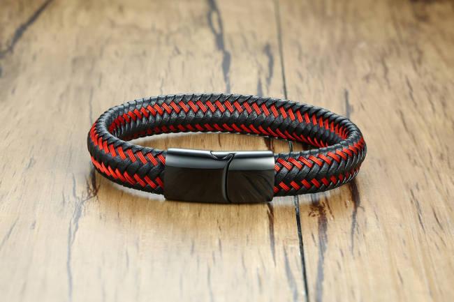 Wholesale Mens Red & Black Braided Leather Bracelet