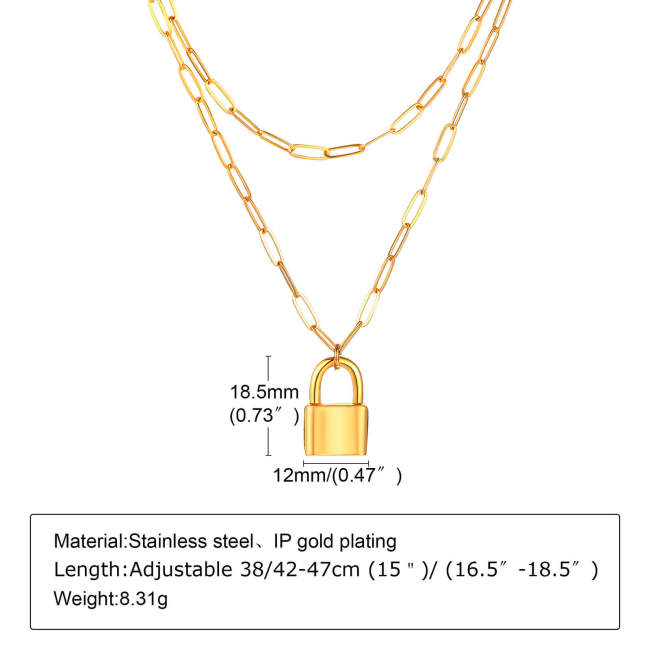 Wholesale Stainless Steel Women Double Layer Paperclip Padlock Necklace