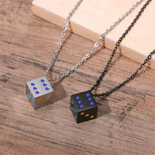 Wholesale Stainless Steel Rainbow Dice Pendant Necklaces