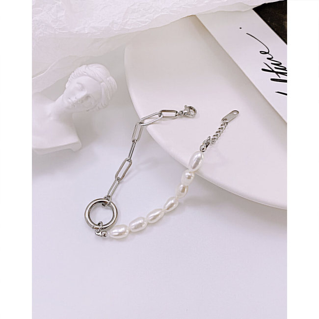 Wholesale Stainless Steel Half Pearl Half Paperclip Bracelet